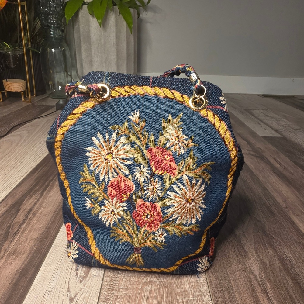 Vintage Tapestry Floral Handbag Navy Blue Braided Handle Cottagecore Tote Bag